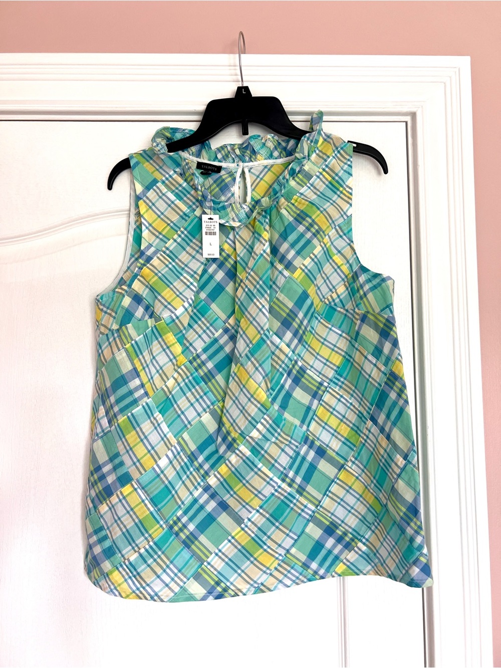 NWT Talbots Plaid Ruffle-Neck Sleeveless Camisole in Teal, Blue & Yellow